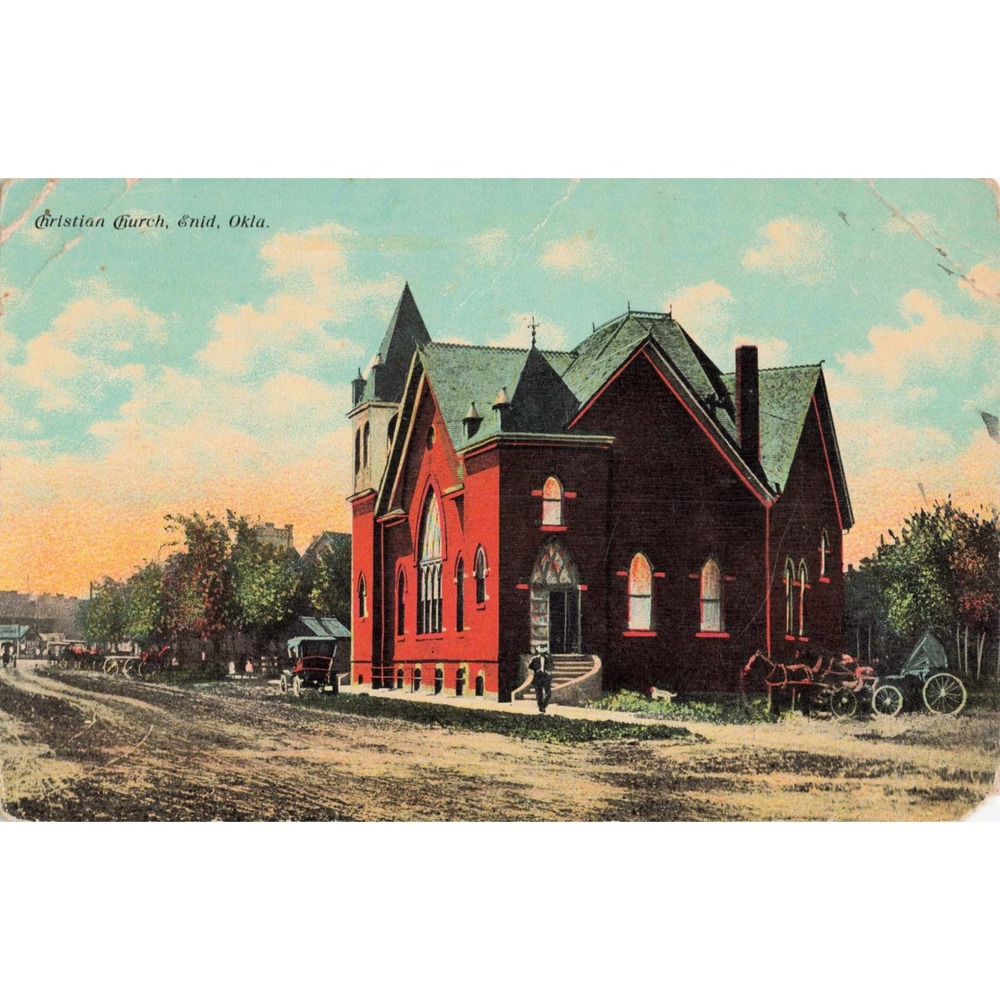 Christian Church Enid Oklahoma Horse Buggy Architecture Vtg Litho Postcard